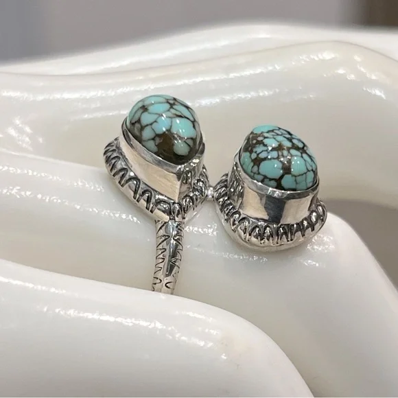 Blue Moon Turquoise Teardrop Black Oxidized Sterling Silver Bypass Silver Ring - Picture 6 of 9